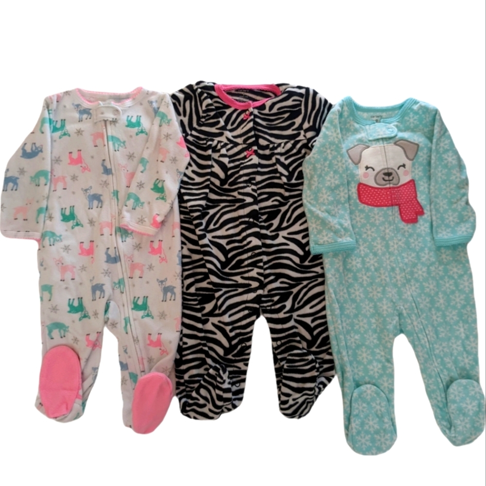 Carter's baby girl bundle fleece pajamas size 9 months zips and snaps footsies